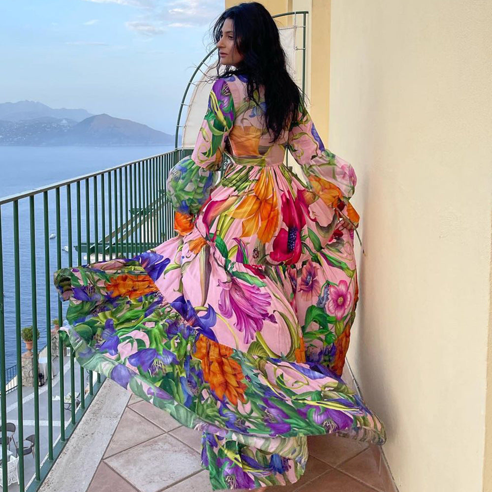 V Neck Bubble Long Sleeve Printed One Piece Swimsuit Women Bella Mia